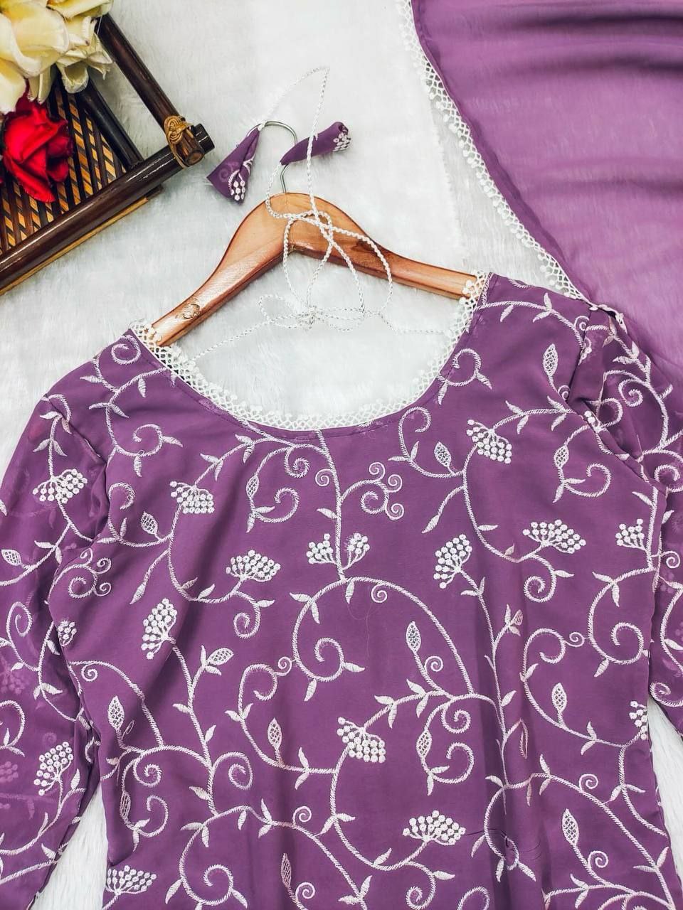 Lilac Thread Work Georgette Kurta Set