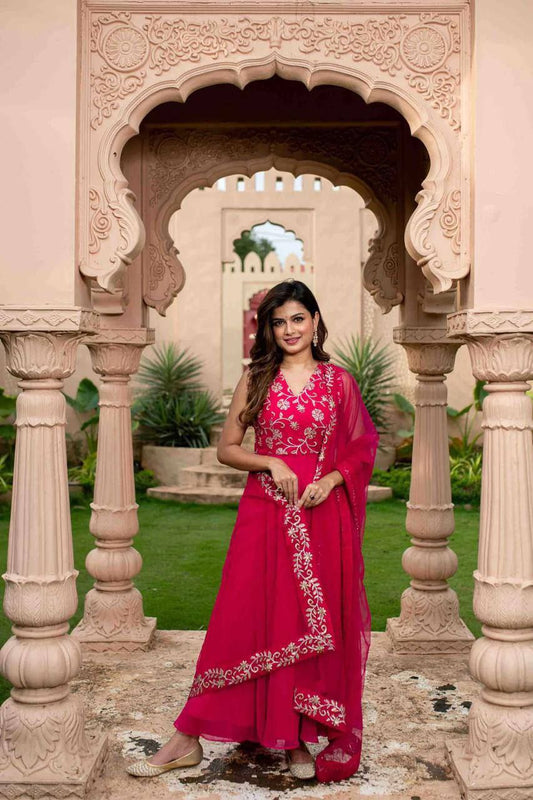 Elegant Pink Georgette Anarkali Dress With Intricate Embroidery