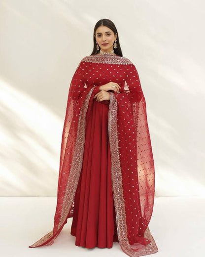 Luxurious Red Georgette Anarkali Dress For Special Occasions - Shree Fashion