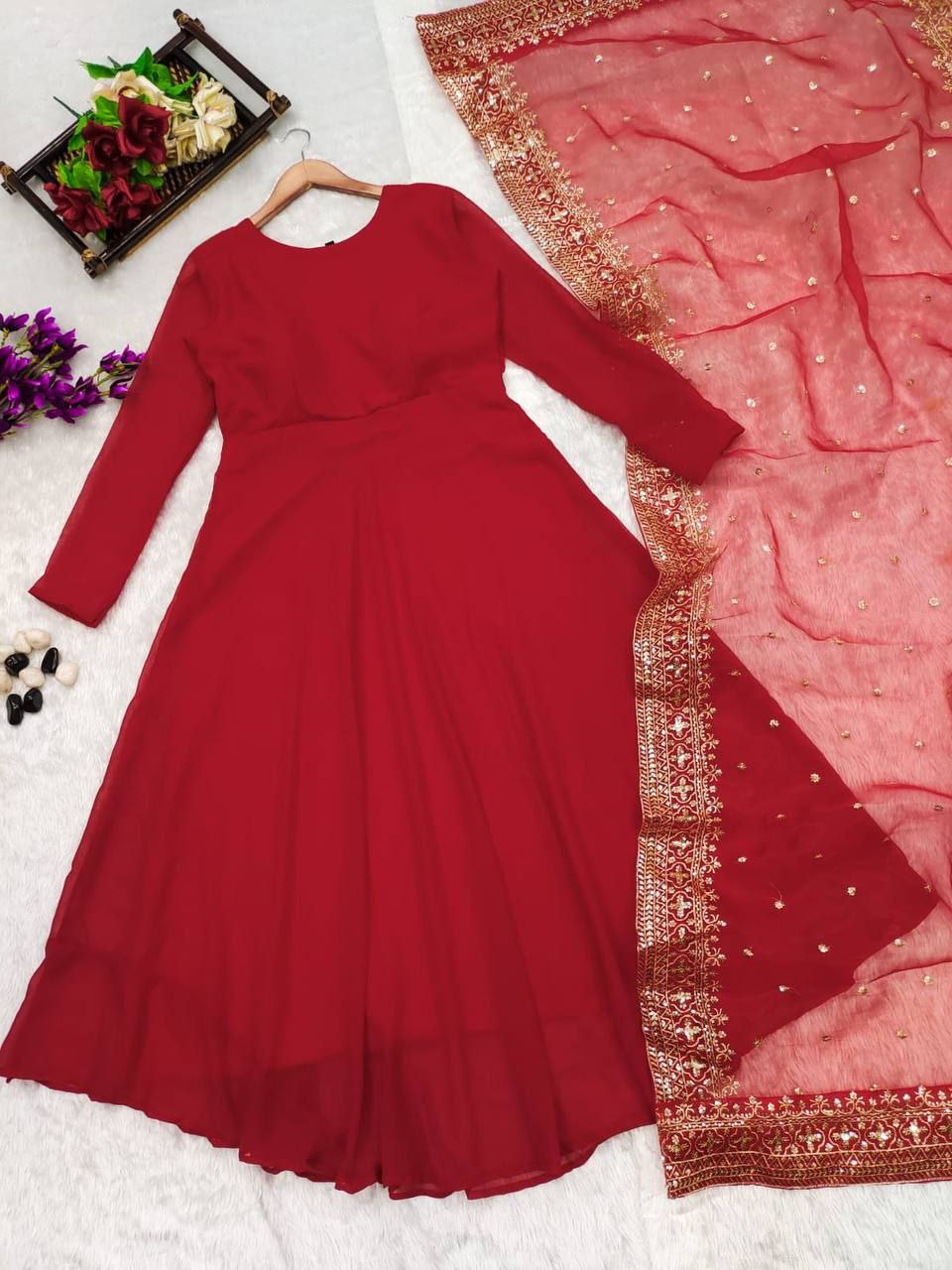 Luxurious Red Georgette Anarkali Dress For Special Occasions - Shree Fashion