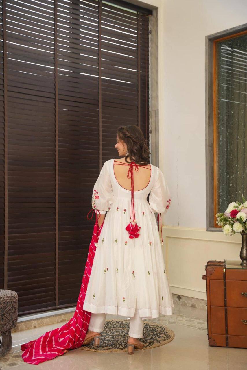 White-Red Embroidered Georgette Anarkali Suit Set