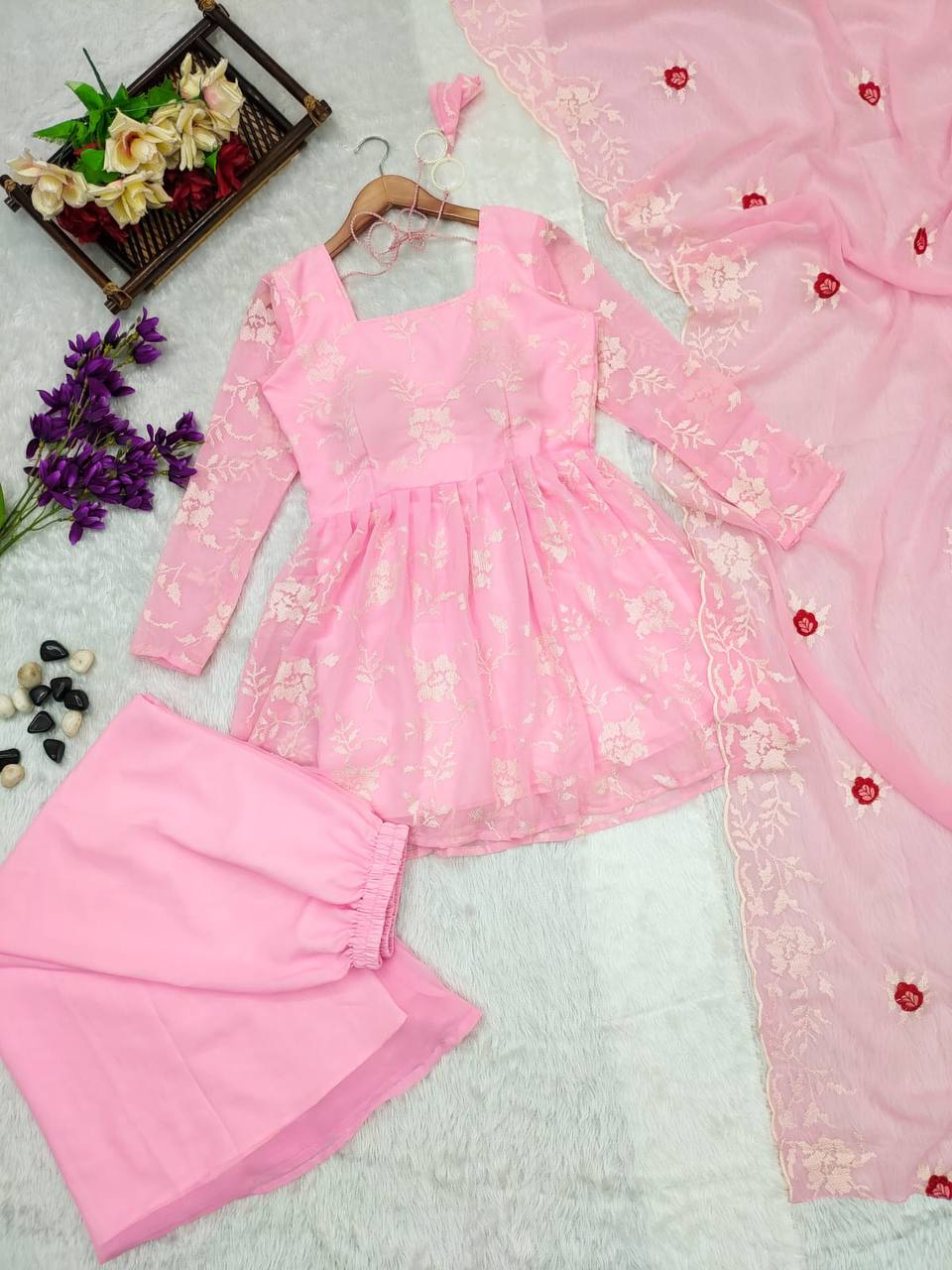 Parvati Pink Organza Palazzo Suit Set