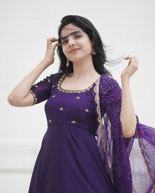 The Beautiful Purple Embroidered Anarkali Dress With Georgette Bandhani Dupatta