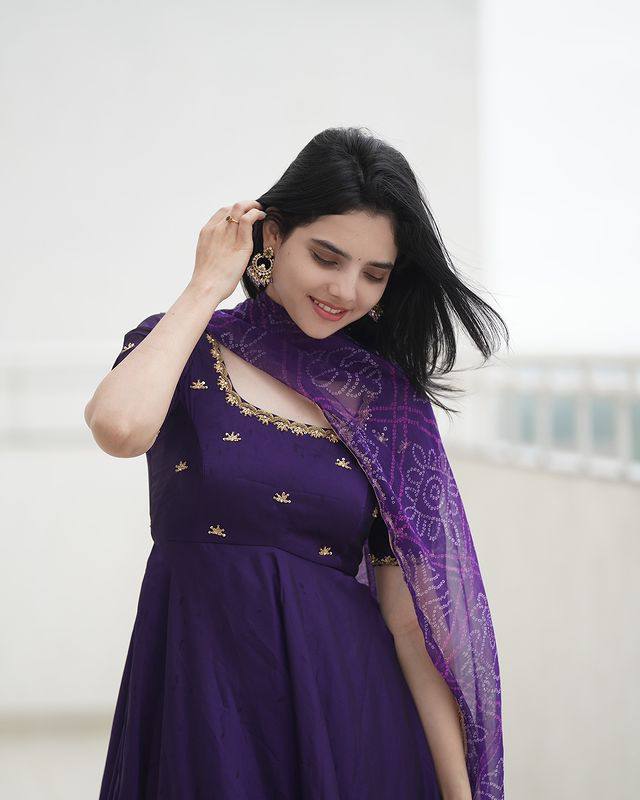 The Beautiful Purple Embroidered Anarkali Dress With Georgette Bandhani Dupatta