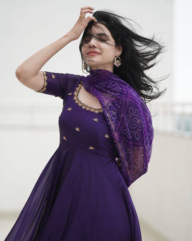 The Beautiful Purple Embroidered Anarkali Dress With Georgette Bandhani Dupatta