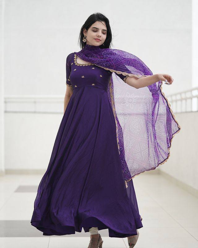 The Beautiful Purple Embroidered Anarkali Dress With Georgette Bandhani Dupatta