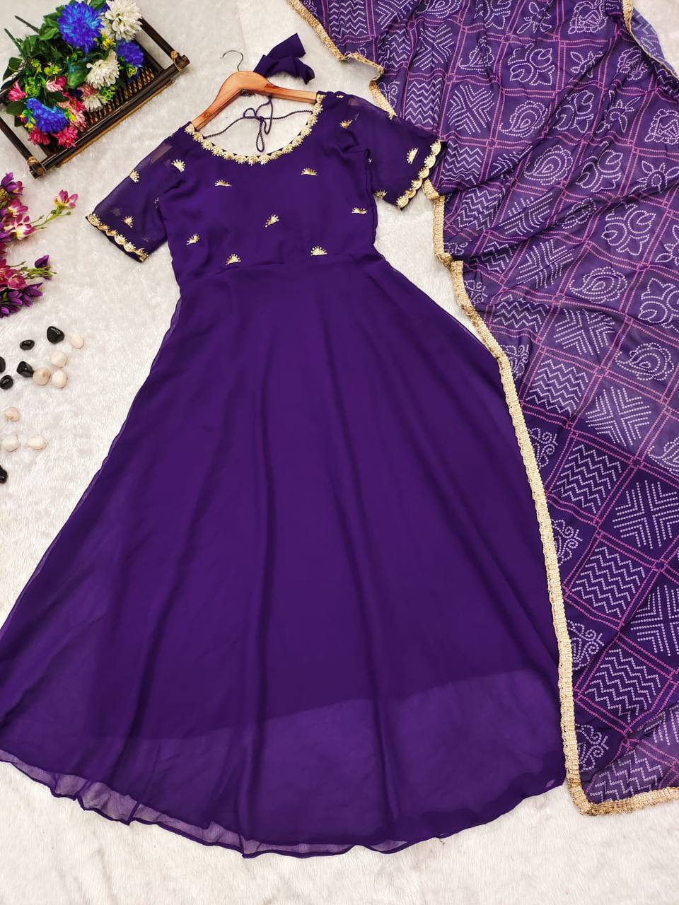 The Beautiful Purple Embroidered Anarkali Dress With Georgette Bandhani Dupatta