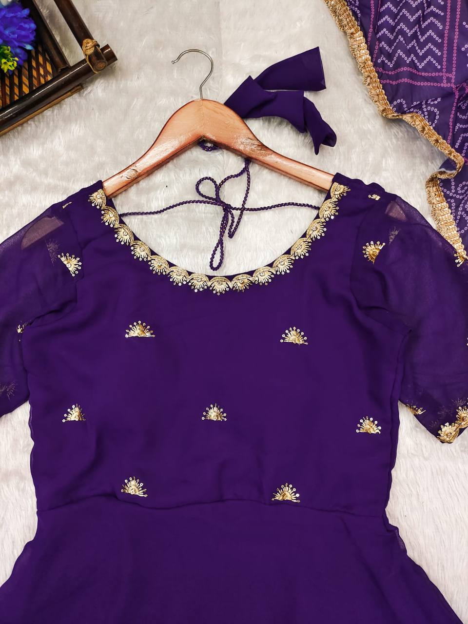 The Beautiful Purple Embroidered Anarkali Dress With Georgette Bandhani Dupatta