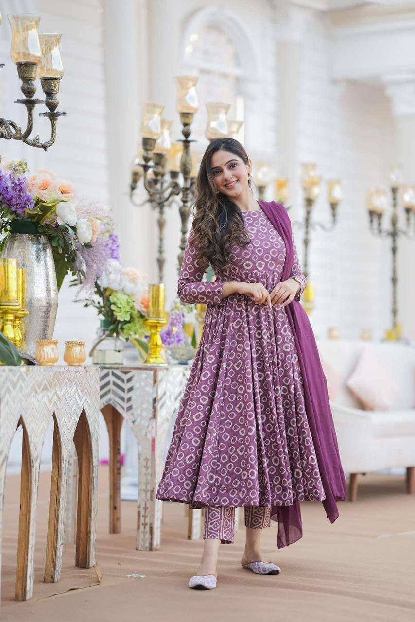 Muslin Wine Anarkali Suit Set - Shree Fashion