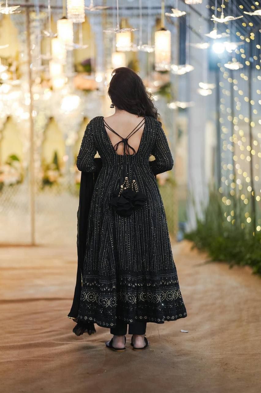 Night Star Black Embroidered Georgette Suit Set