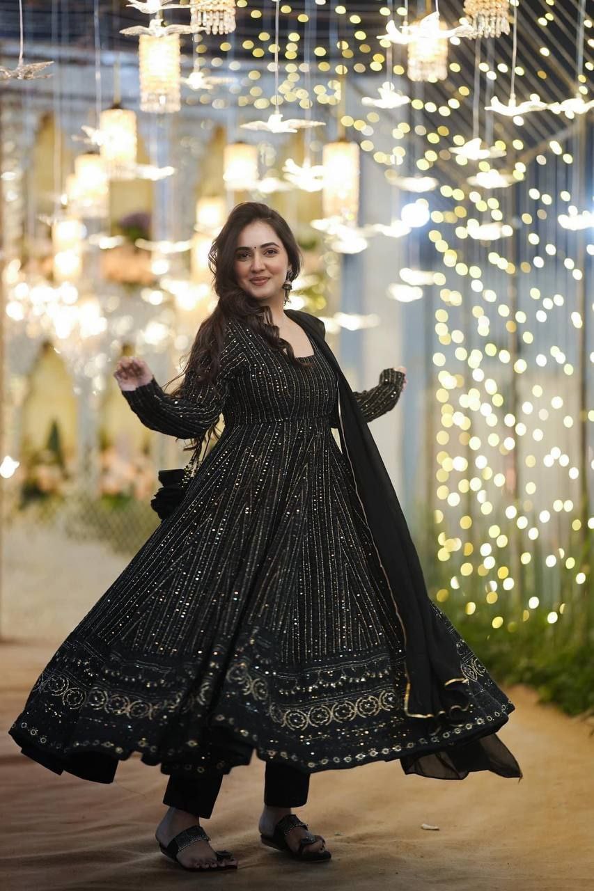 Night Star Black Embroidered Georgette Suit Set