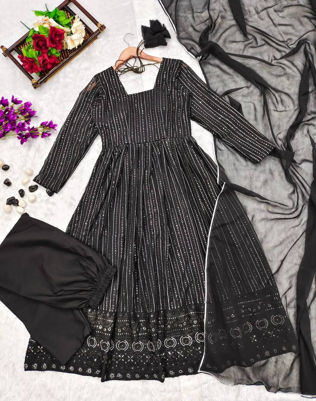 Night Star Black Embroidered Georgette Suit Set