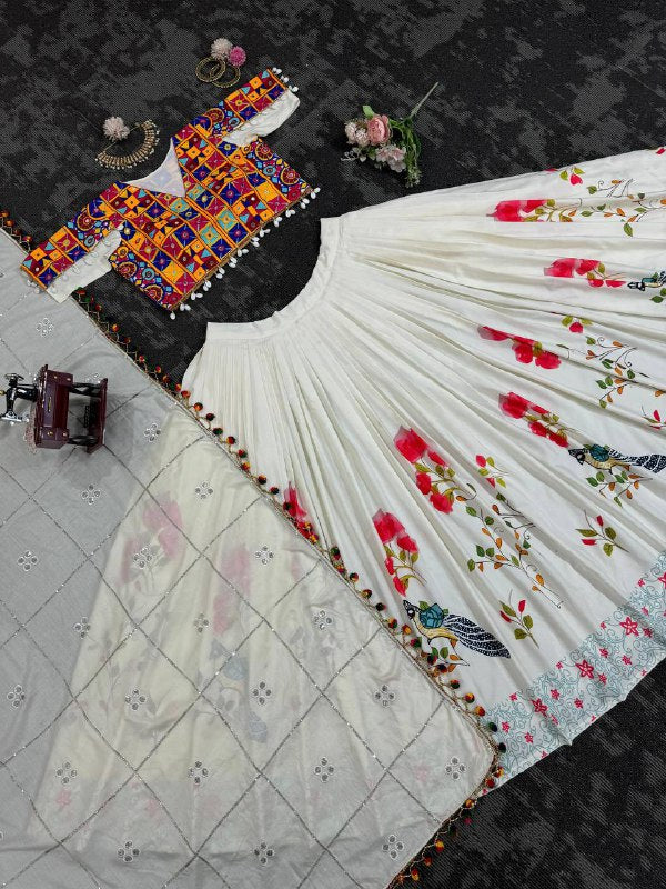 Digital Print And Real Mirror Work Rayon Lehenga Choli Set