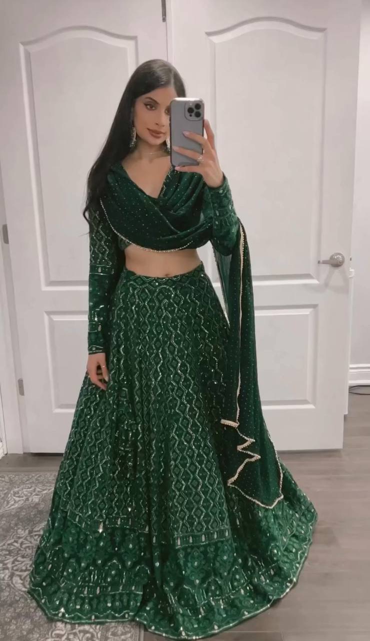 Green Chikankari Lehenga Set With Choli & Dupatta by Shree Fashion