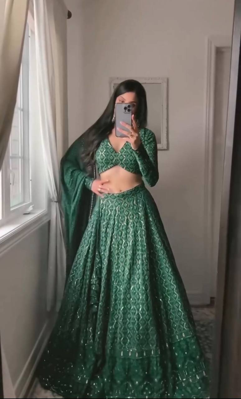 Green Chikankari Lehenga Set With Choli & Dupatta by Shree Fashion