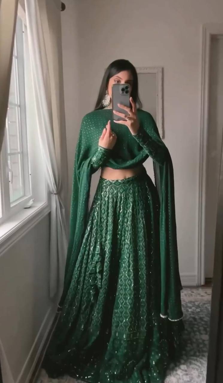 Green Chikankari Lehenga Set With Choli & Dupatta by Shree Fashion