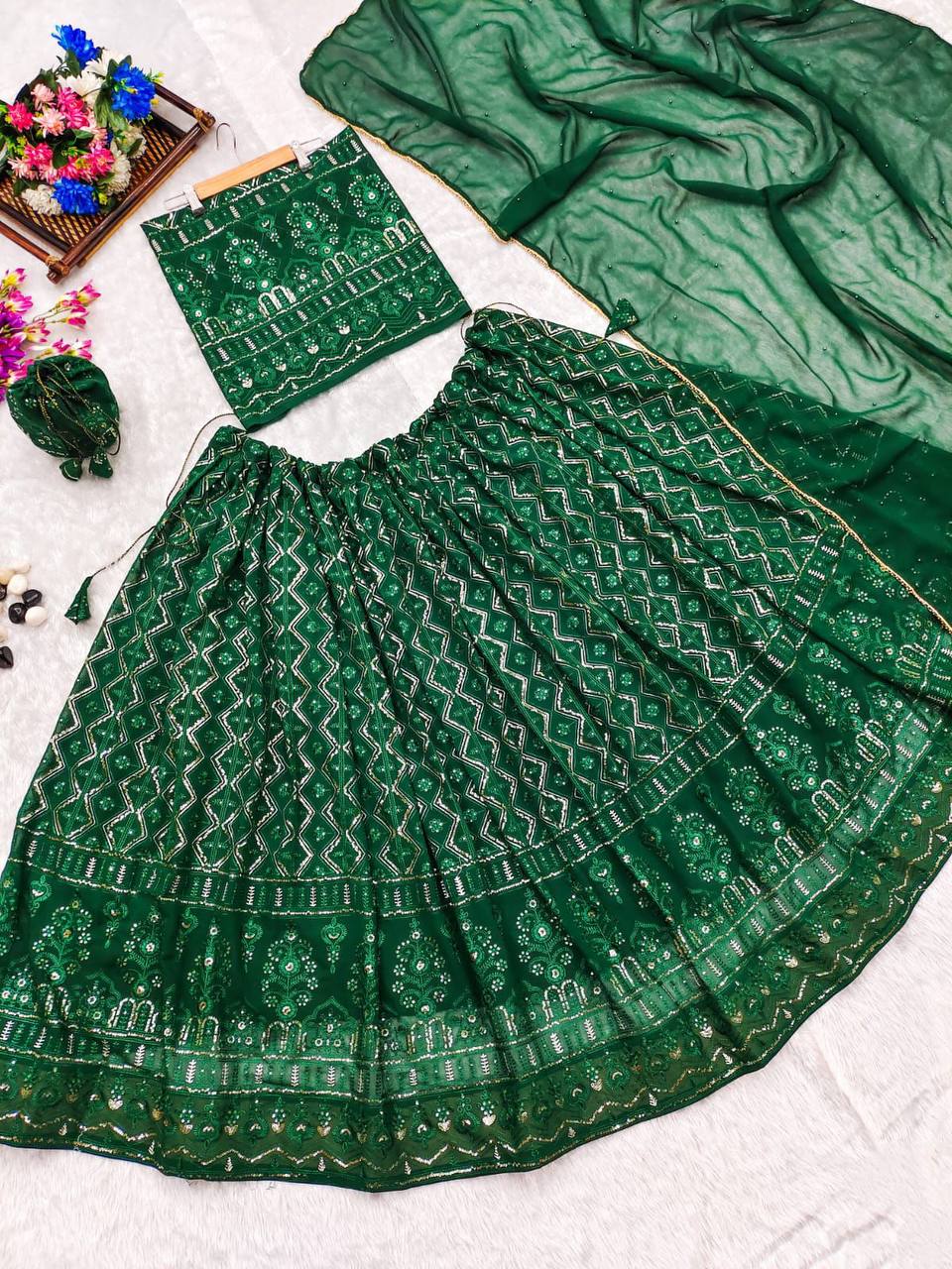 Green Chikankari Lehenga Set With Choli & Dupatta by Shree Fashion