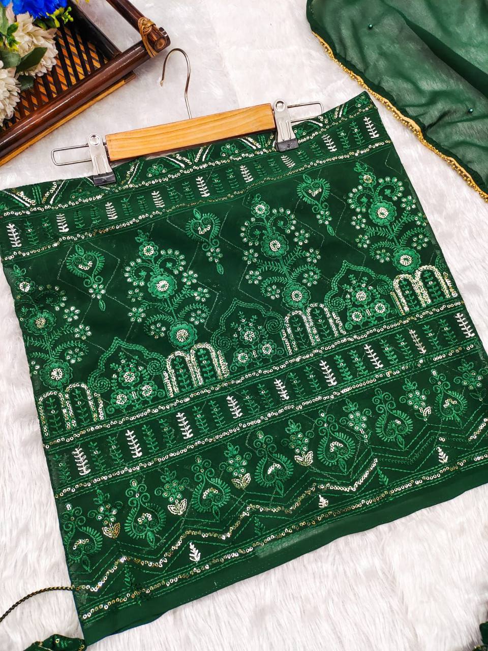 Green Chikankari Lehenga Set With Choli & Dupatta by Shree Fashion