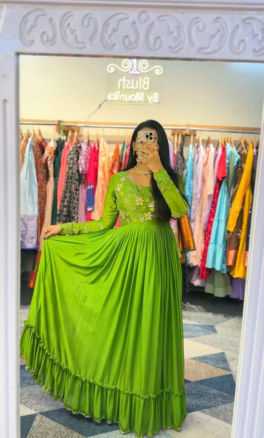 Green Color Tibby Silk Tlhread And Sequence Work Long Gown