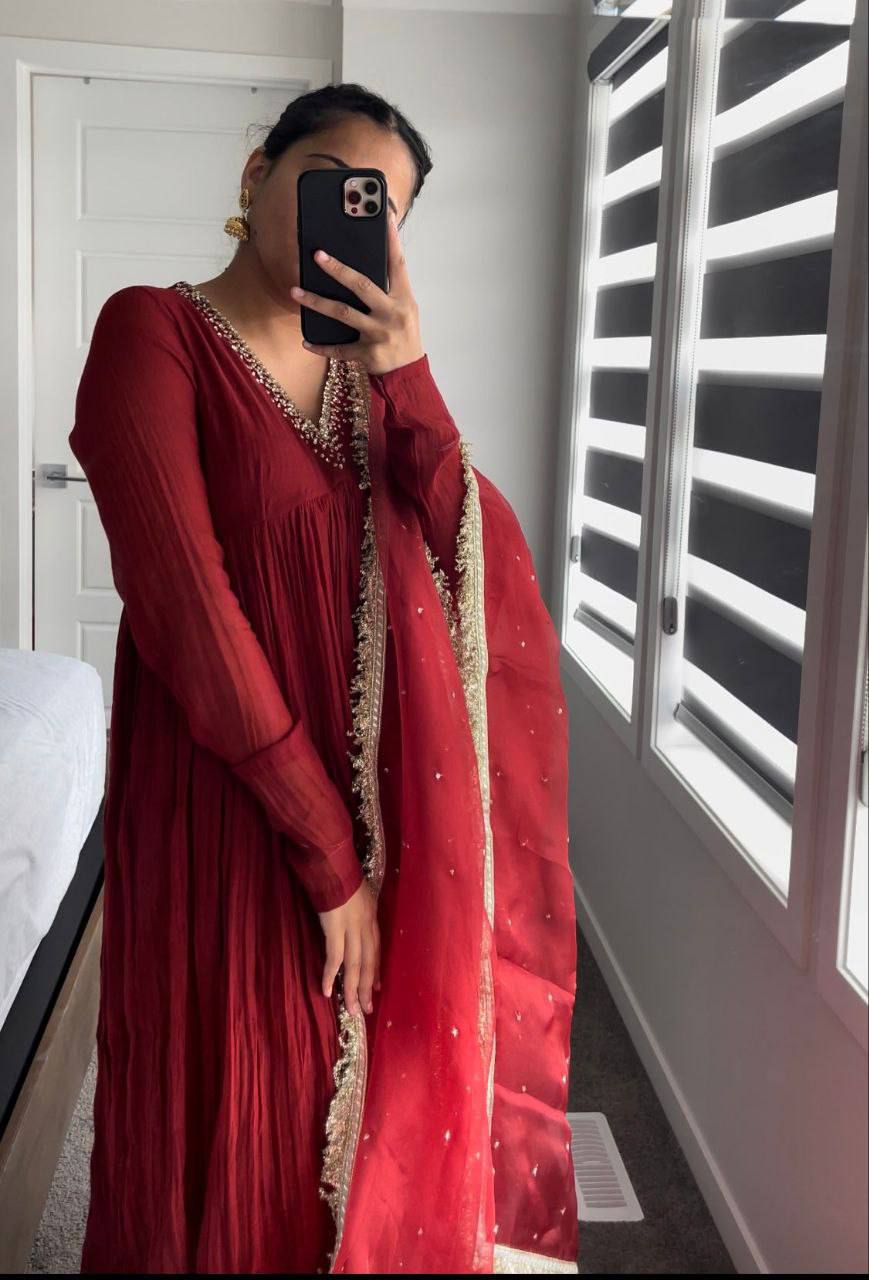 Red  Metal Chinnon Anarkali Dress