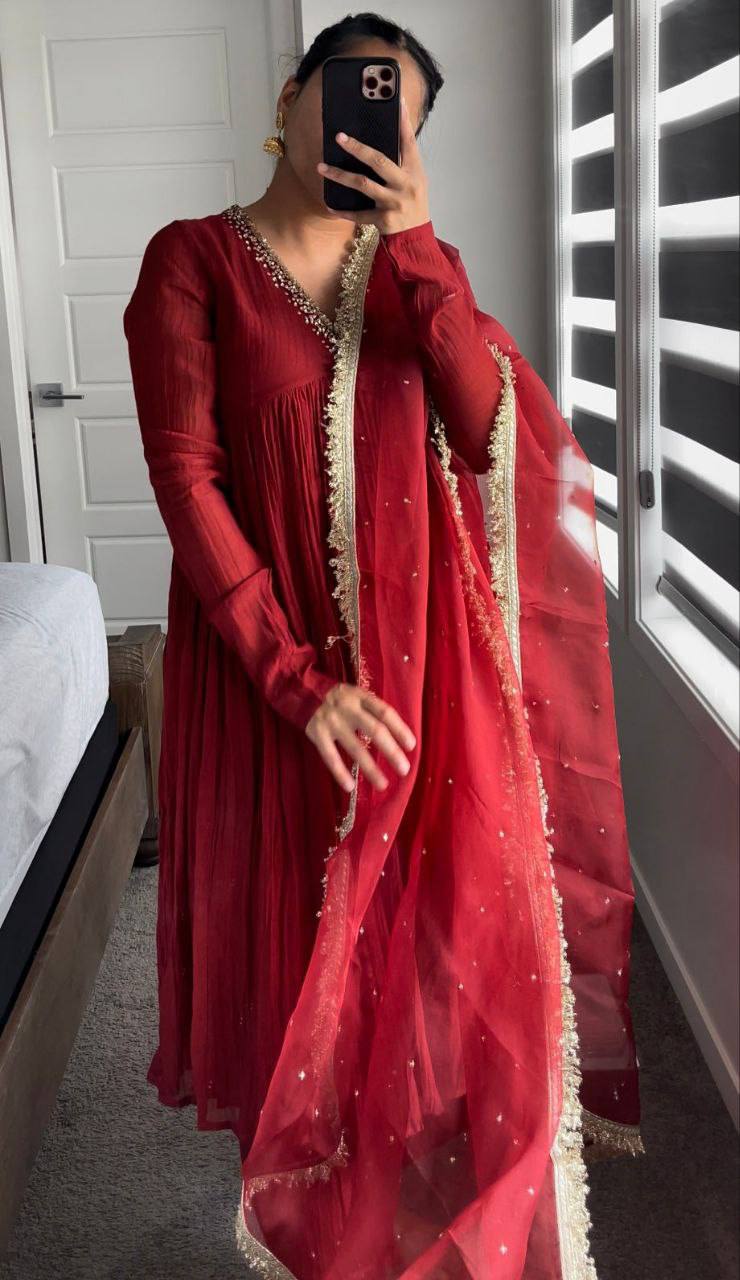 Red  Metal Chinnon Anarkali Dress