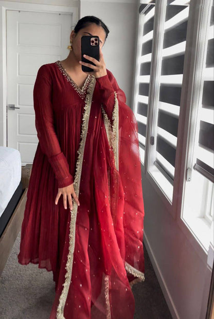 Red  Metal Chinnon Anarkali Dress