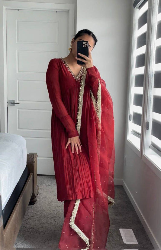 Red  Metal Chinnon Anarkali Dress