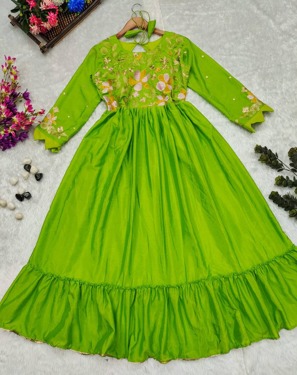 Green Color Tibby Silk Tlhread And Sequence Work Long Gown