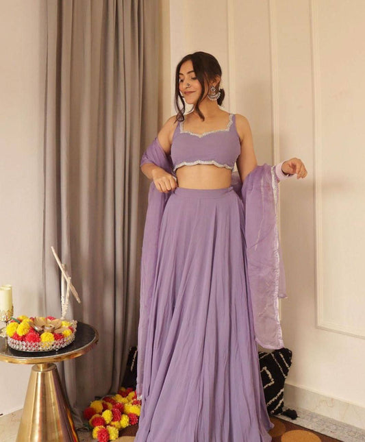 Machine Purple Plain Silvery Bordered Lehenga Set with Dupatta