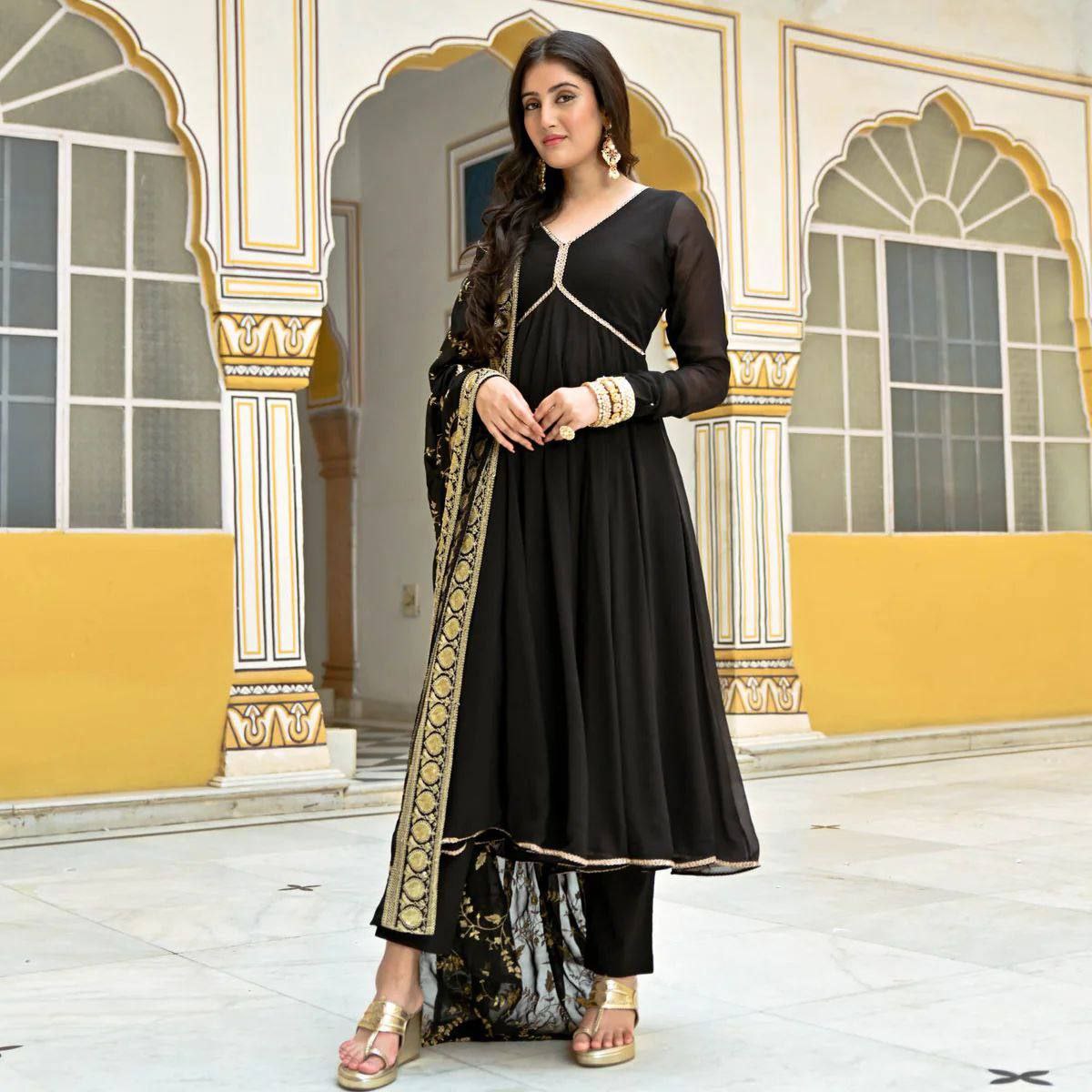 Qatra Black Designer Georgette Anarkali Suit Set