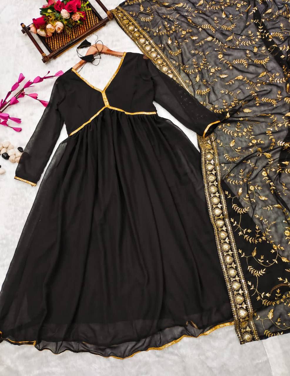 Qatra Black Designer Georgette Anarkali Suit Set