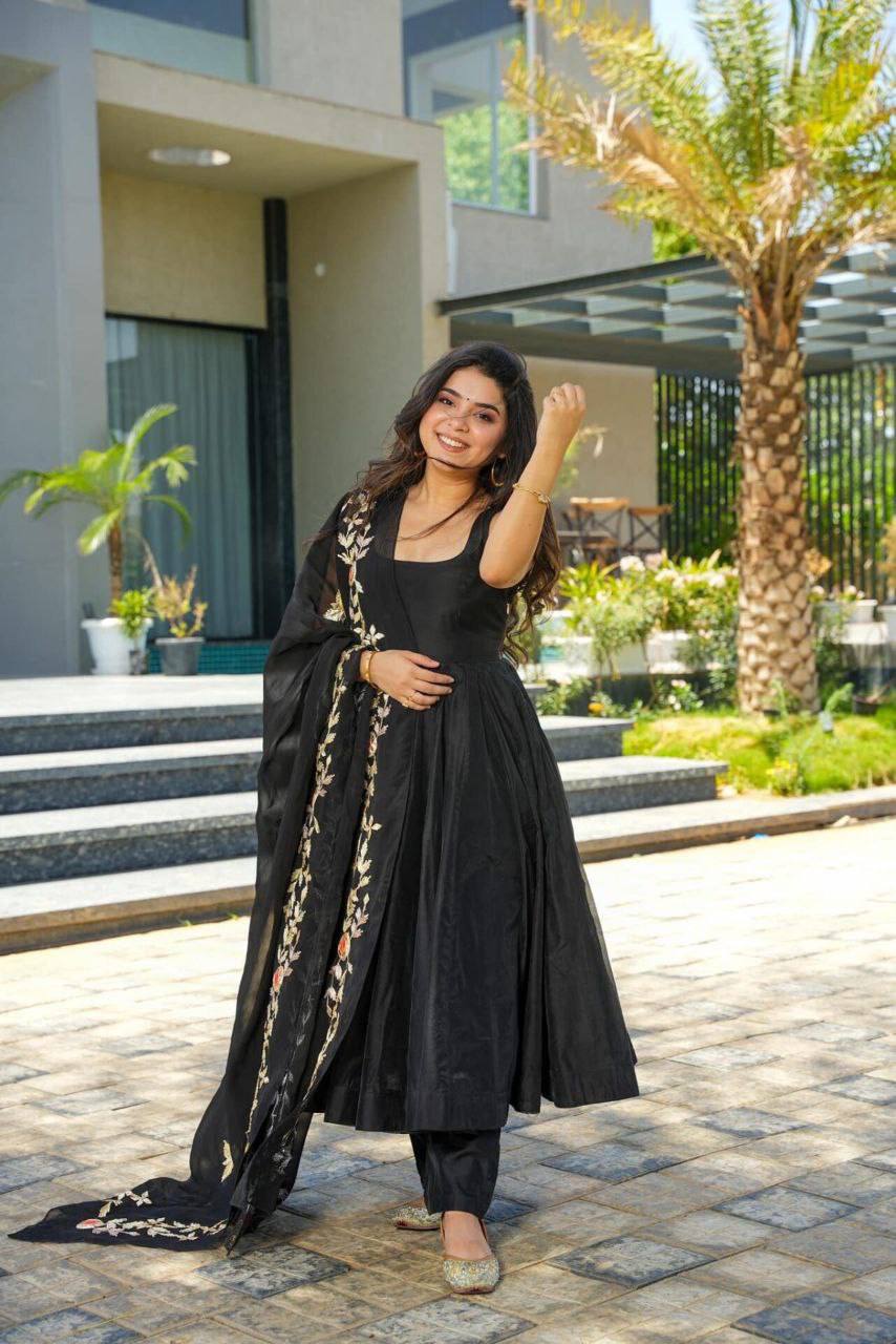 Shree Premium Black Color Chanderi Suit Set