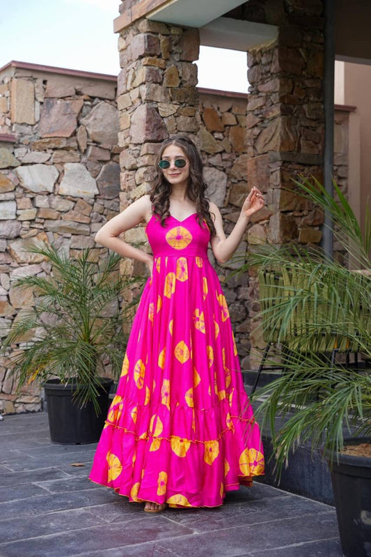 Heavy Rayon Pink Festival Wear Printed Readymade Gown