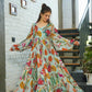 Multicoloured Floral Digital Printed Long Flared Georgette Dress