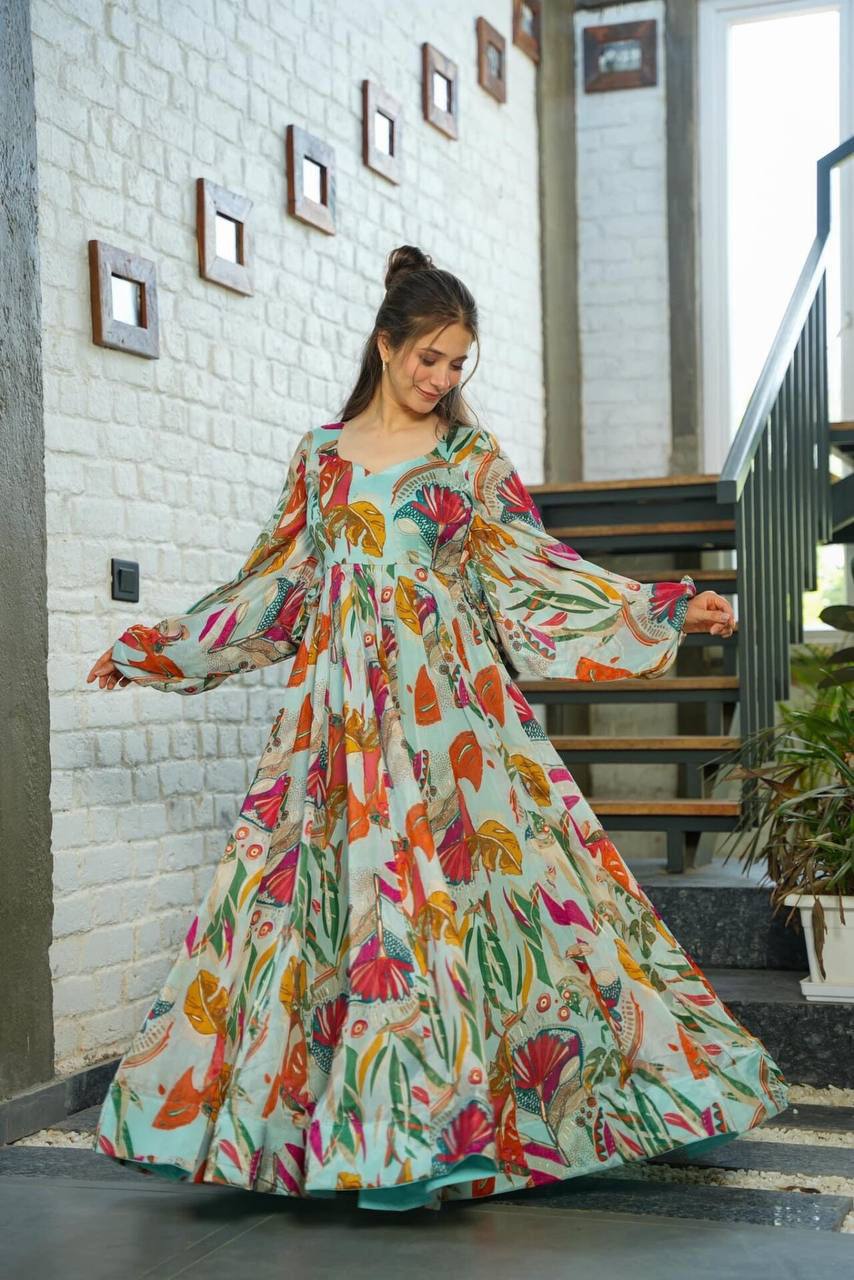 Multicoloured Floral Digital Printed Long Flared Georgette Dress