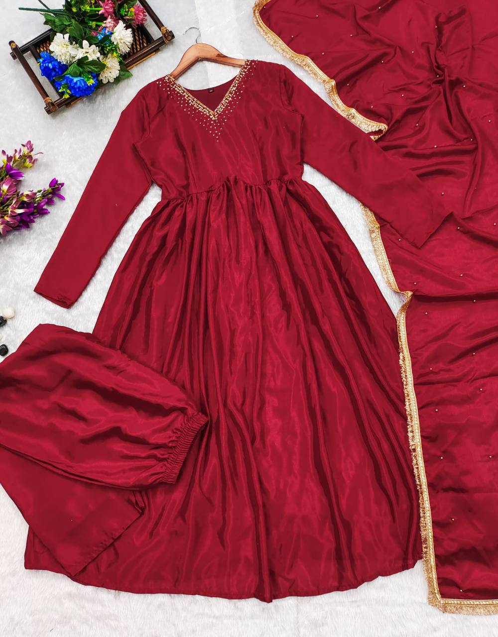 Red  Metal Chinnon Anarkali Dress