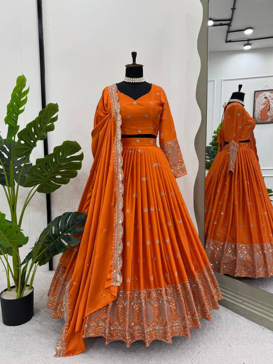 Orange Color Embroidered Semi Stitched Bridal Lehenga Choli