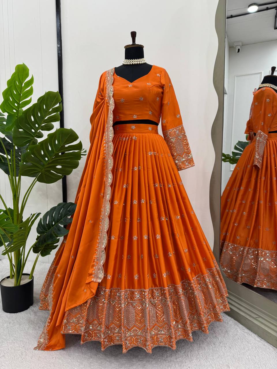 Orange Color Embroidered Semi Stitched Bridal Lehenga Choli