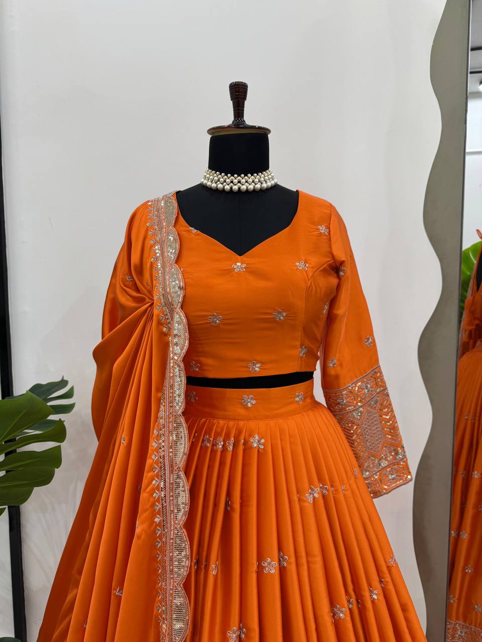 Orange Color Embroidered Semi Stitched Bridal Lehenga Choli