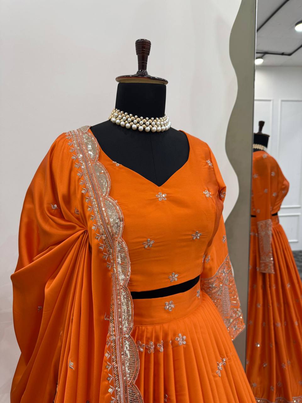 Orange Color Embroidered Semi Stitched Bridal Lehenga Choli