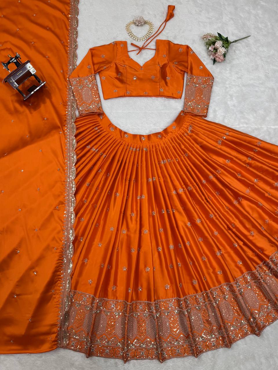 Orange Color Embroidered Semi Stitched Bridal Lehenga Choli