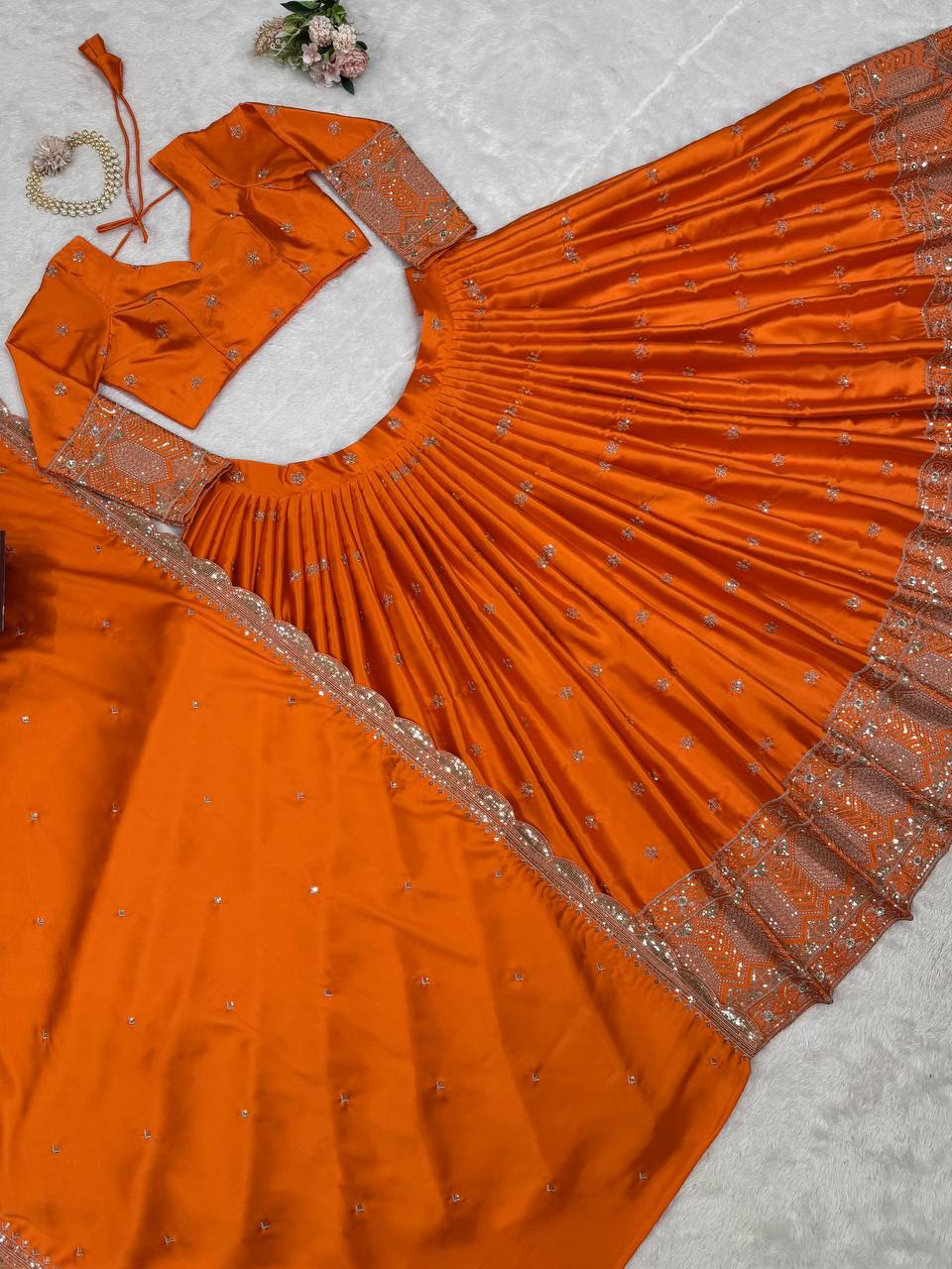 Orange Color Embroidered Semi Stitched Bridal Lehenga Choli