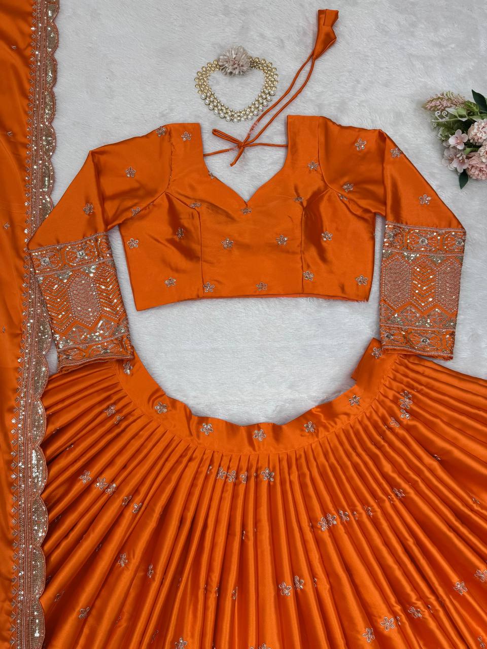 Orange Color Embroidered Semi Stitched Bridal Lehenga Choli