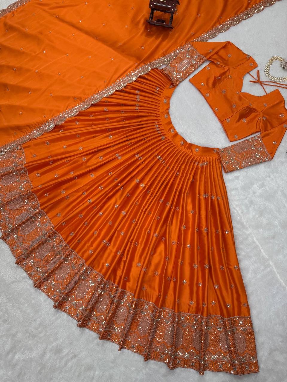 Orange Color Embroidered Semi Stitched Bridal Lehenga Choli