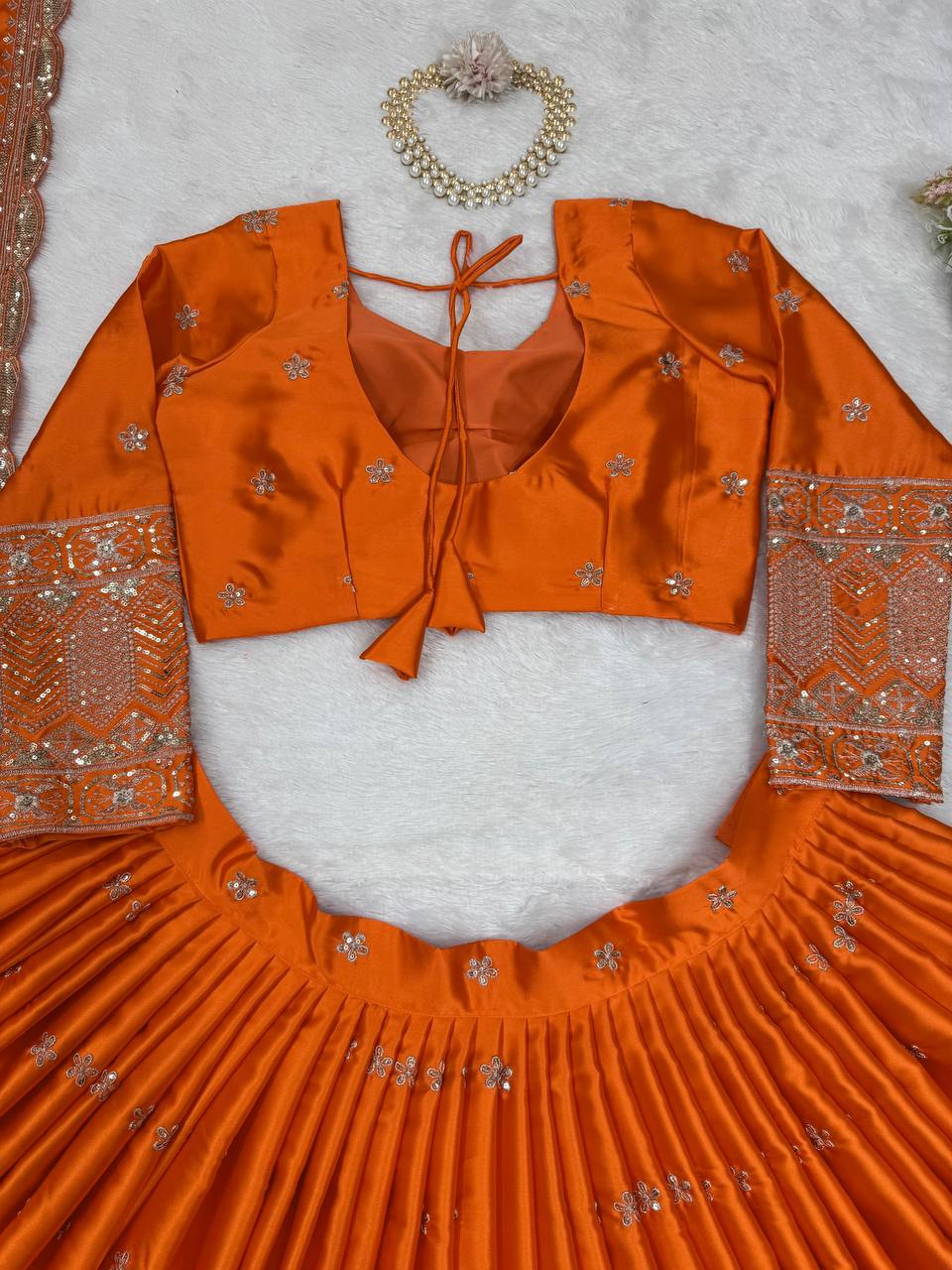 Orange Color Embroidered Semi Stitched Bridal Lehenga Choli