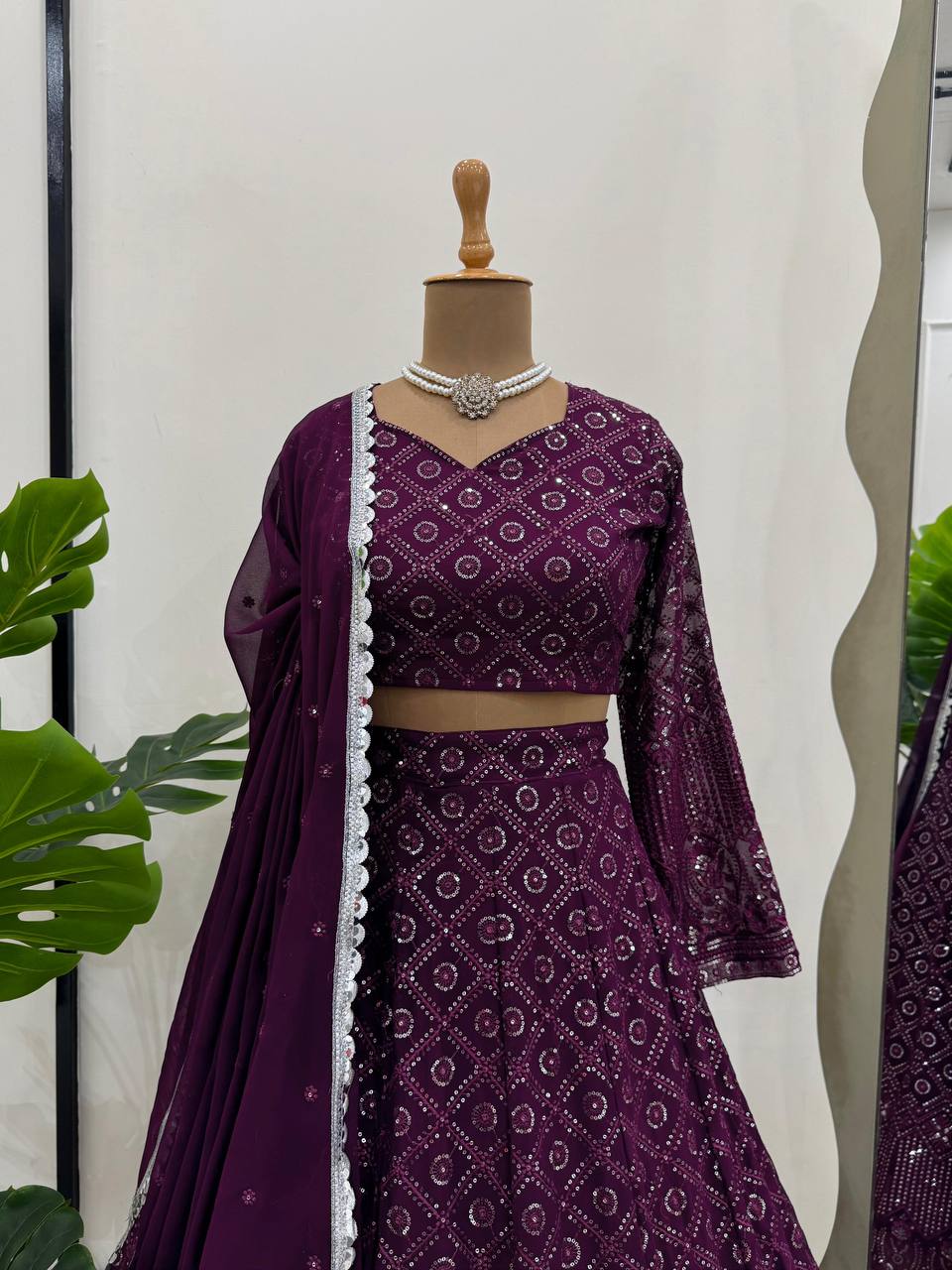 Sequence Work Wine Color Lehenga Choli For Sangeet Function