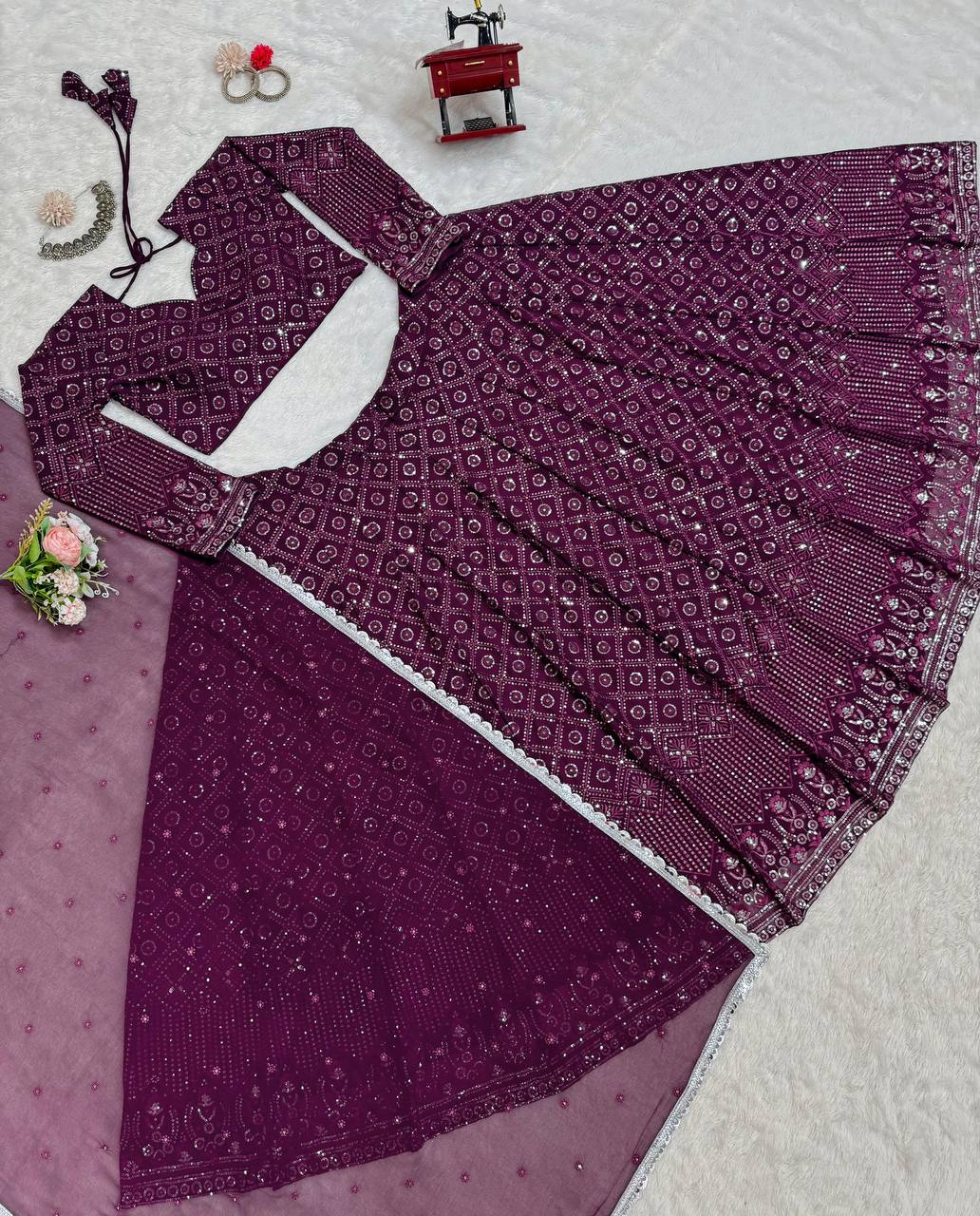 Sequence Work Wine Color Lehenga Choli For Sangeet Function