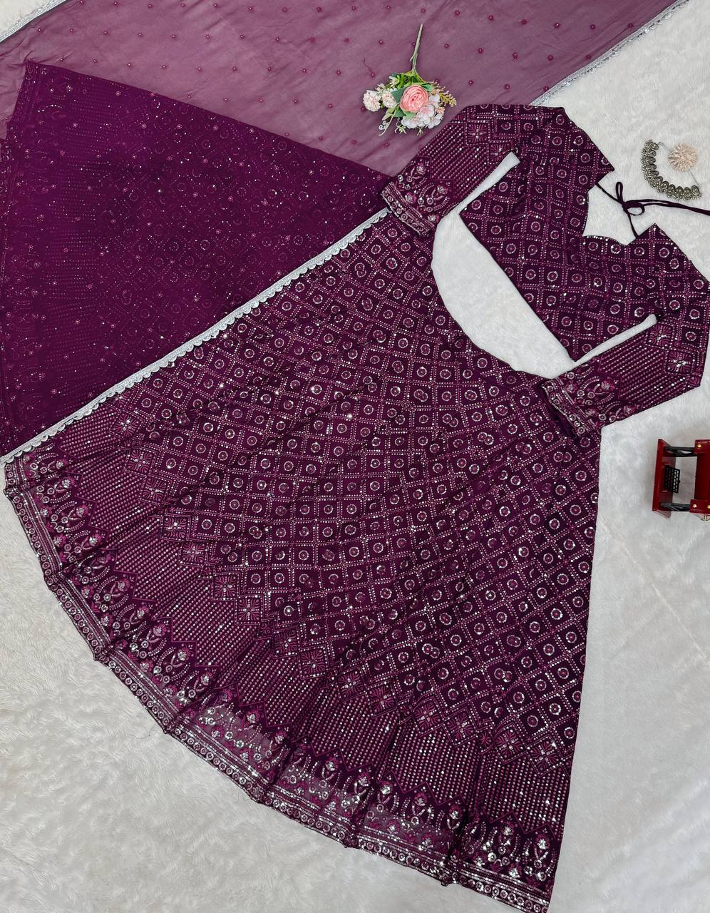 Sequence Work Wine Color Lehenga Choli For Sangeet Function