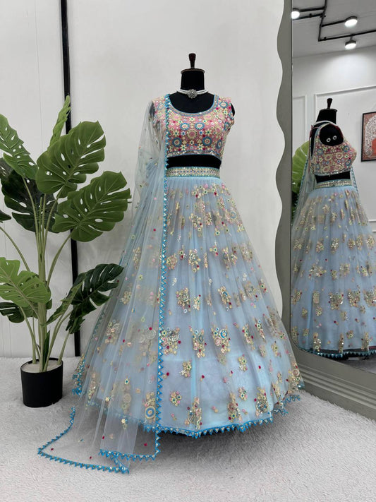 Light Blue Butterfly Net With Thread Work Sequence Lehenga Choli