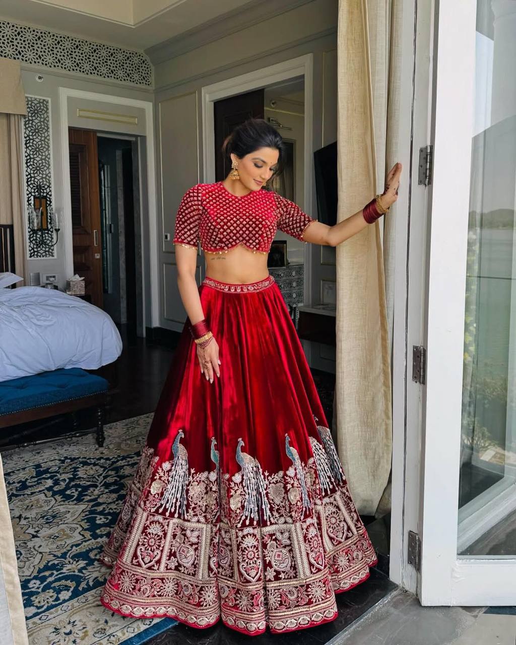 Red Velvet Lehenga With Peacock Embroidery - Buy Shree Fashion